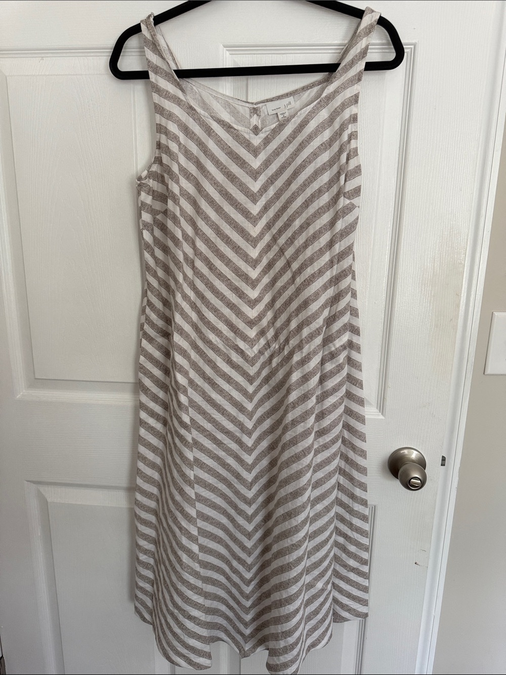 J. Jill Striped V-Neck Sleeveless Midi Dress in Taupe and White